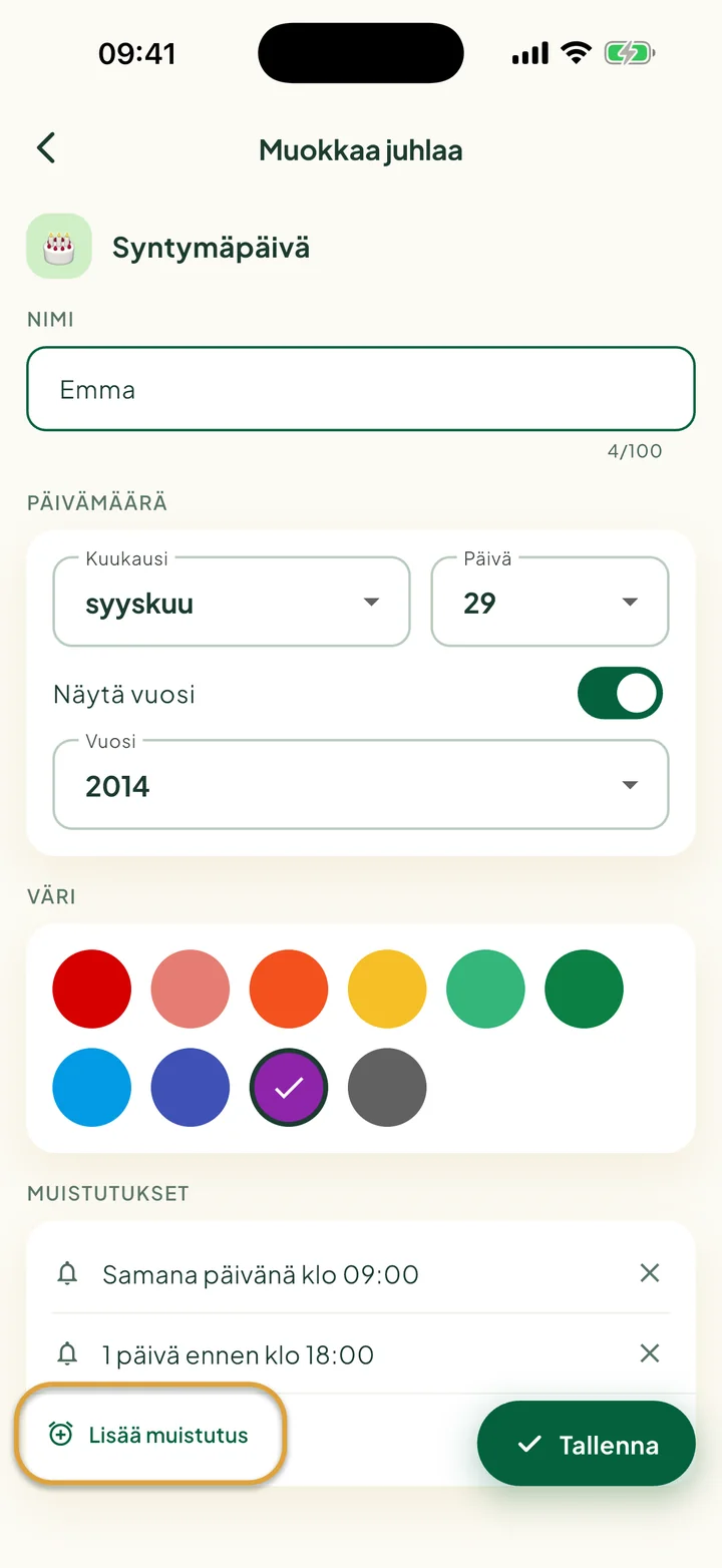Juhlan muokkausnäkymä, jossa on kaksi muistutusta. Painike Lisää muistutus on ympyröity.