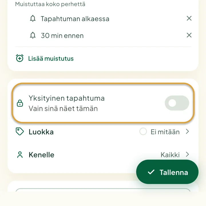 Tapahtuman lomake. Kytkin Yksityinen tapahtuma on ympyröity.