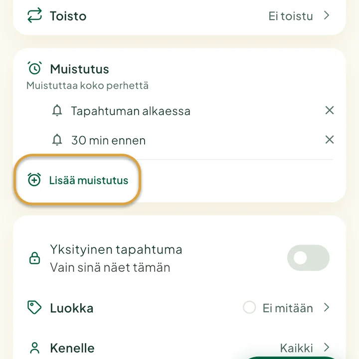 Tapahtumalomakkeen Muistutus-osio, jossa on kaksi muistutusta. Painike Lisää muistutus on ympyröity.
