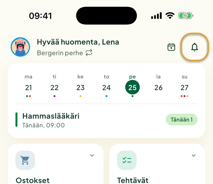 Aloitusnäytön yläosa. Kellopainike oikeassa yläkulmassa on ympyröity.