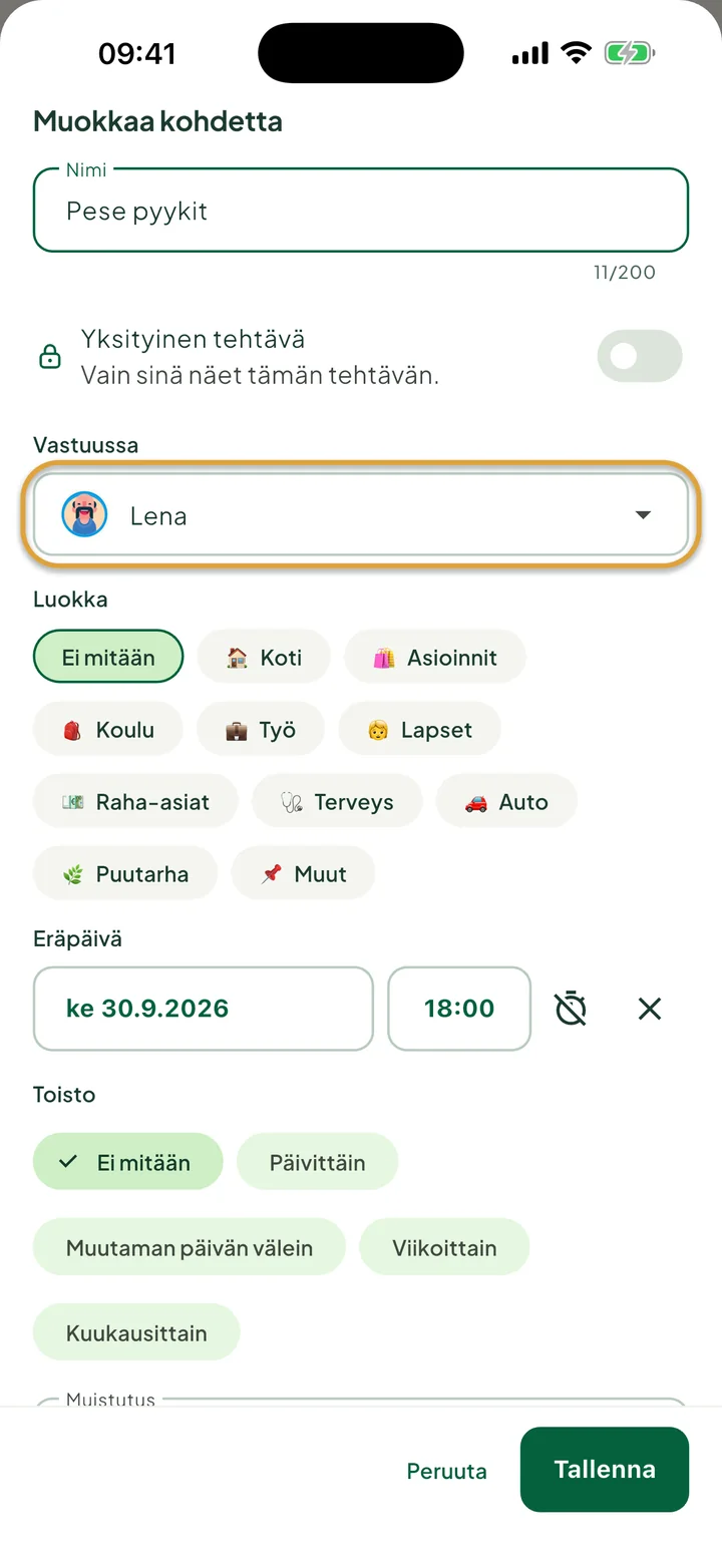 Tehtävän muokkauspaneeli. Kenttä Vastuussa, jossa on Lena, on ympyröity.