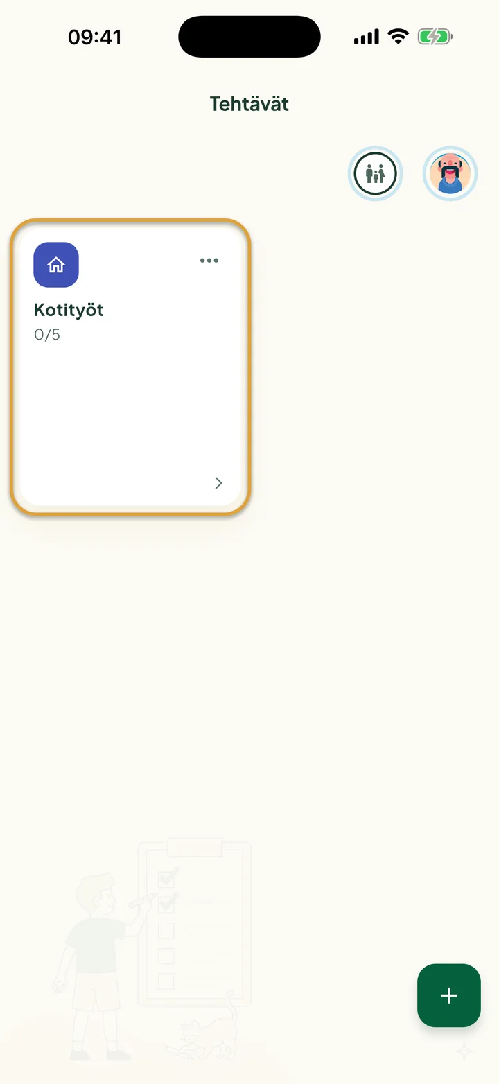 Tehtävät-näkymä, jossa on yksi lista. Kotityöt-listan kortti on ympyröity.