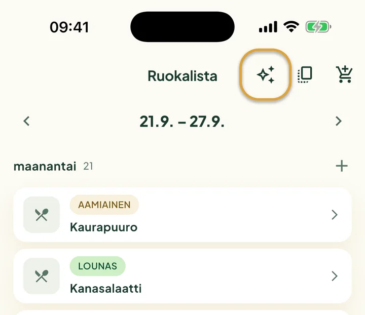 Ruokalistan yläosa. Kopiointipainikkeen vieressä oleva kimalluspainike on ympyröity.