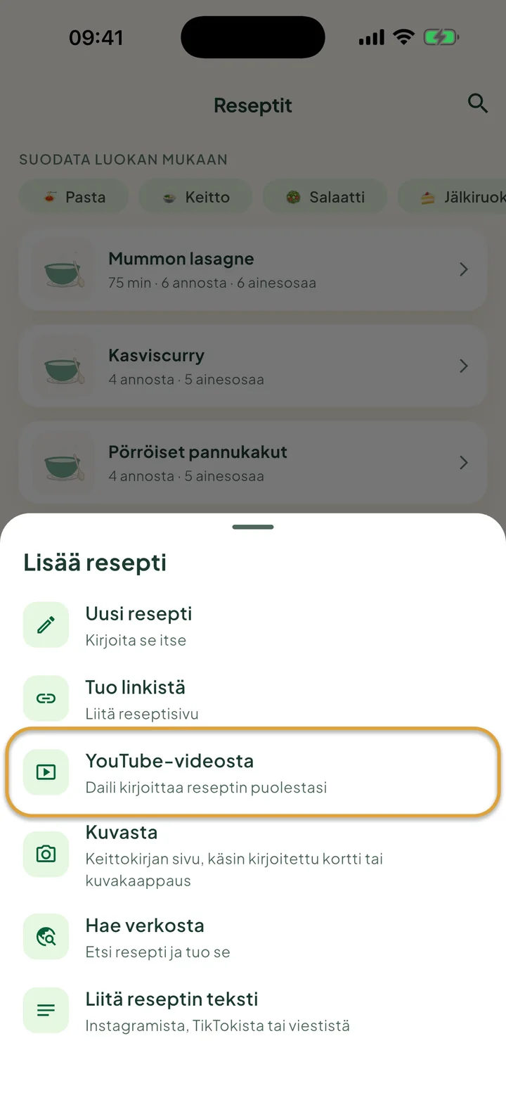 Reseptit-näkymä, jossa +-valikko on auki. YouTube-videosta on ympyröity.
