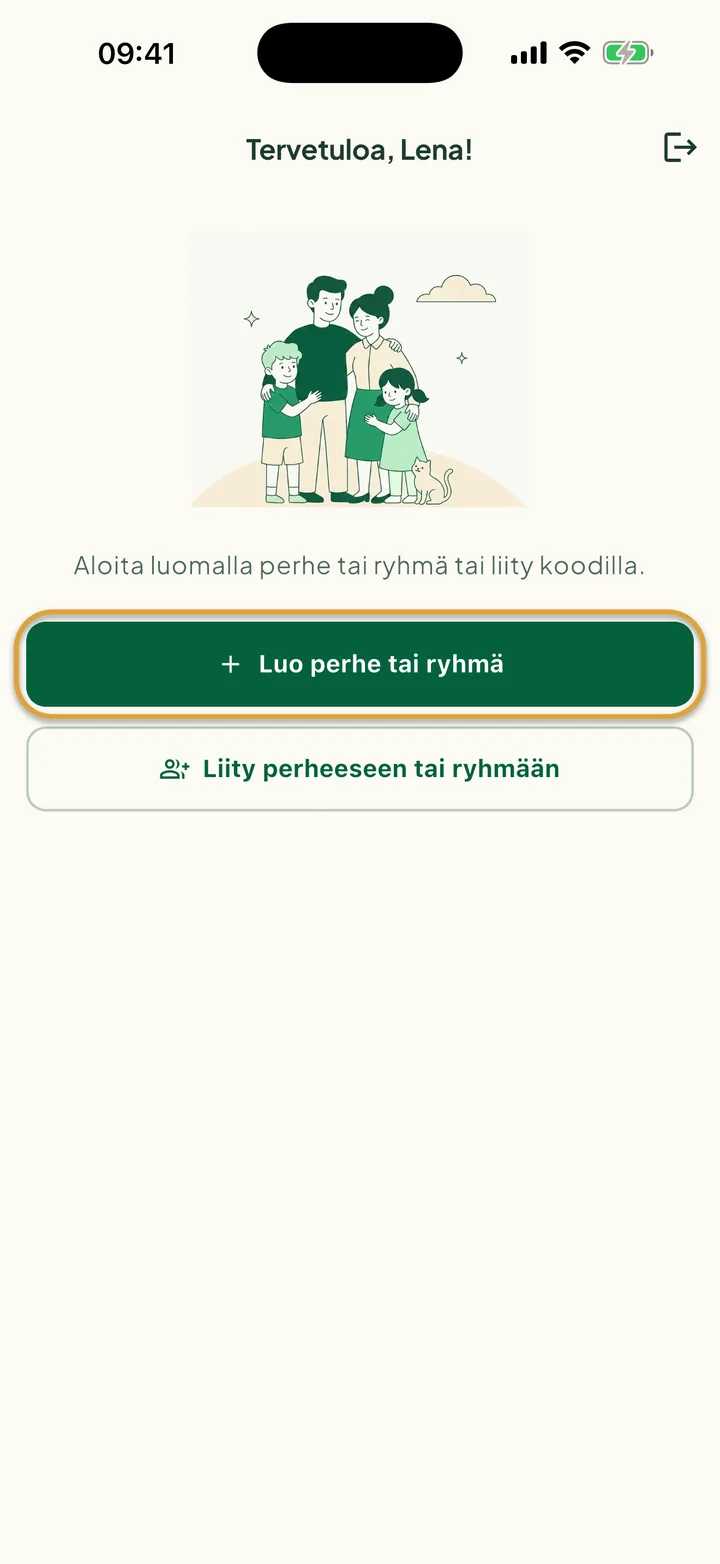 Uusien käyttäjien tervetulonäyttö. Painike Luo perhe tai ryhmä on ympyröity.