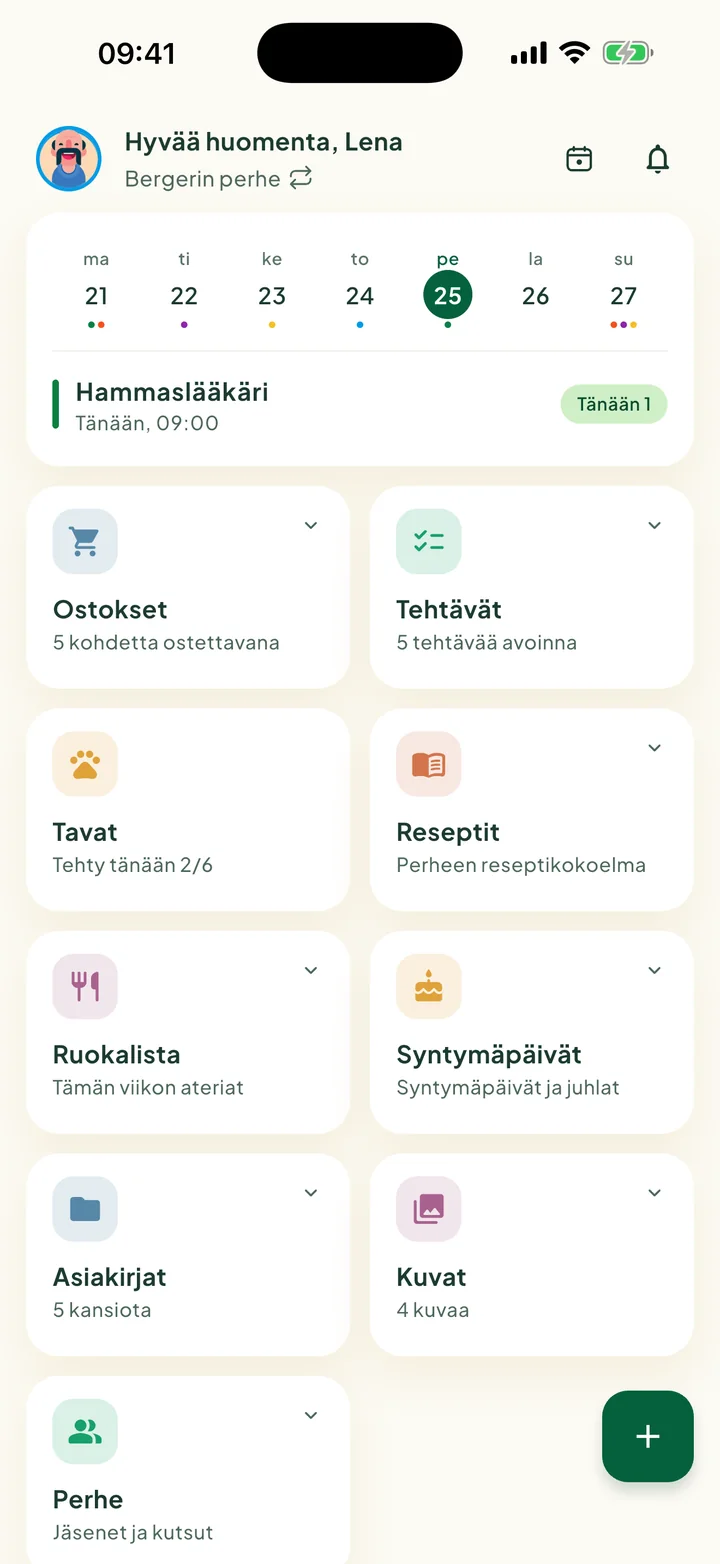 Aloitusnäyttö, jossa on viikkokortti ja ruudut