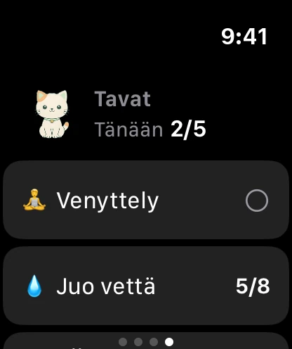Tavat-sivu kellossa: Minzi, tänään tehty 2/5 ja ensimmäiset tavat.