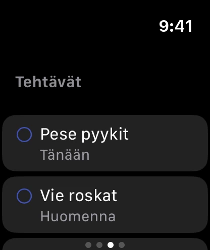 Tehtävät-sivu kellossa: kaksi avointa tehtävää, eräpäivä tänään ja huomenna.