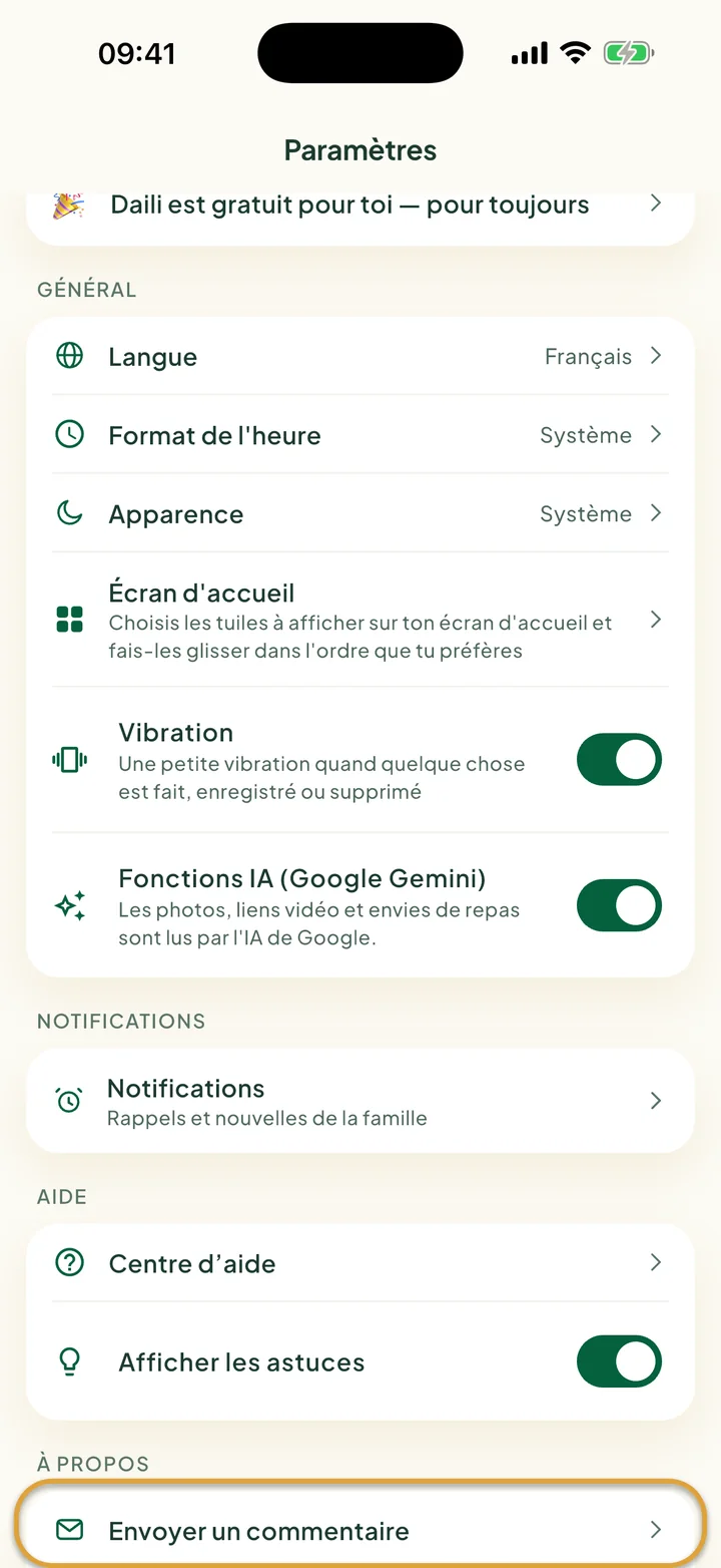 L'écran Paramètres. Envoyer un commentaire, sous À propos, est entouré.