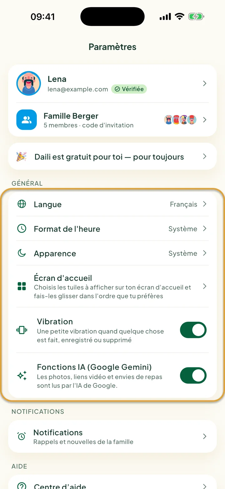 L'écran Paramètres. La carte Général avec Langue, Format de l'heure, Apparence, Écran d'accueil et Vibration est entourée.