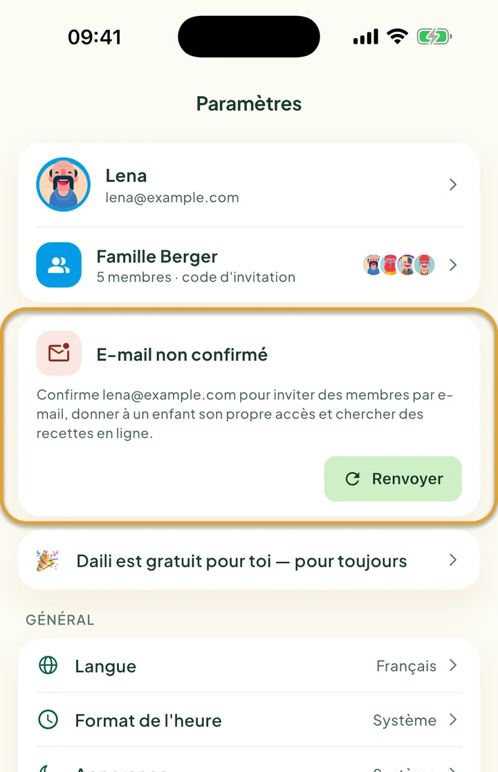 Le haut des Paramètres. La carte E-mail non confirmé avec son bouton Renvoyer est entourée.