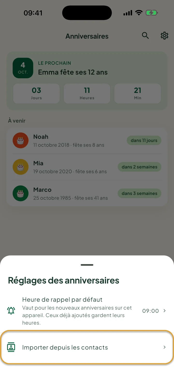 La fiche des réglages des anniversaires. La ligne Importer depuis les contacts est entourée.