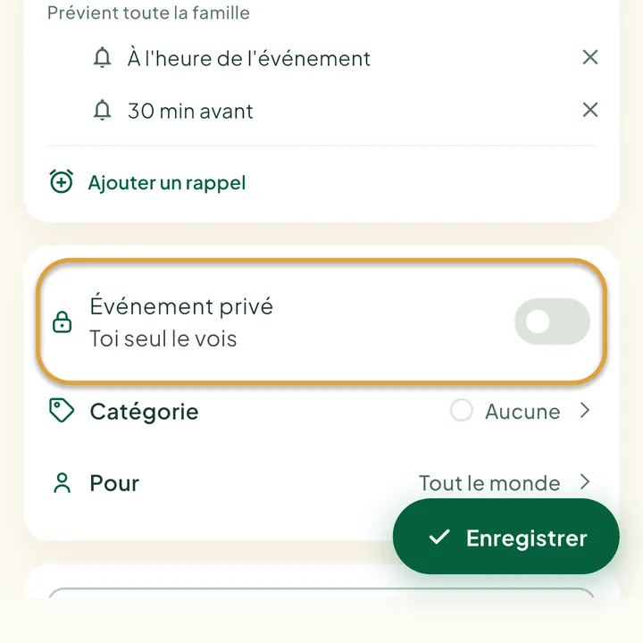 Le formulaire de l'événement. L'interrupteur Événement privé est entouré.