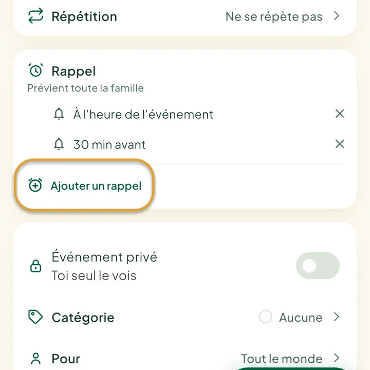 La section Rappel du formulaire avec deux rappels. Le bouton Ajouter un rappel est entouré.