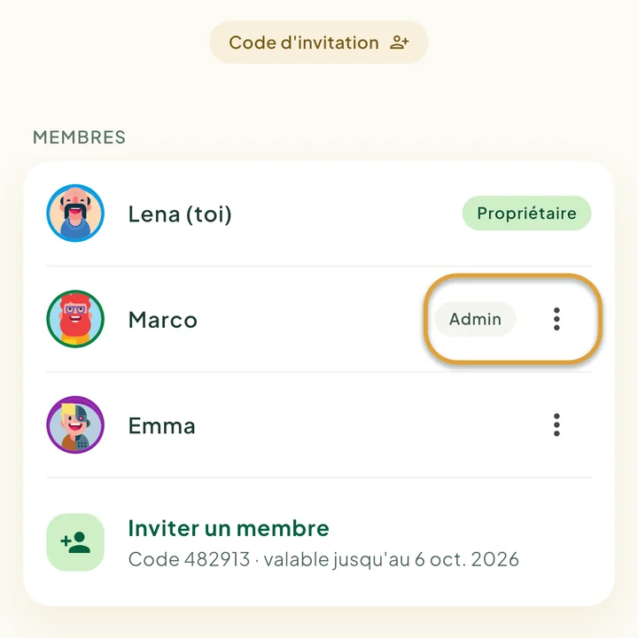 La liste des membres sur l'écran Famille avec les mentions Propriétaire et Admin. La mention Admin et le bouton ⋮ à côté de Marco sont entourés.