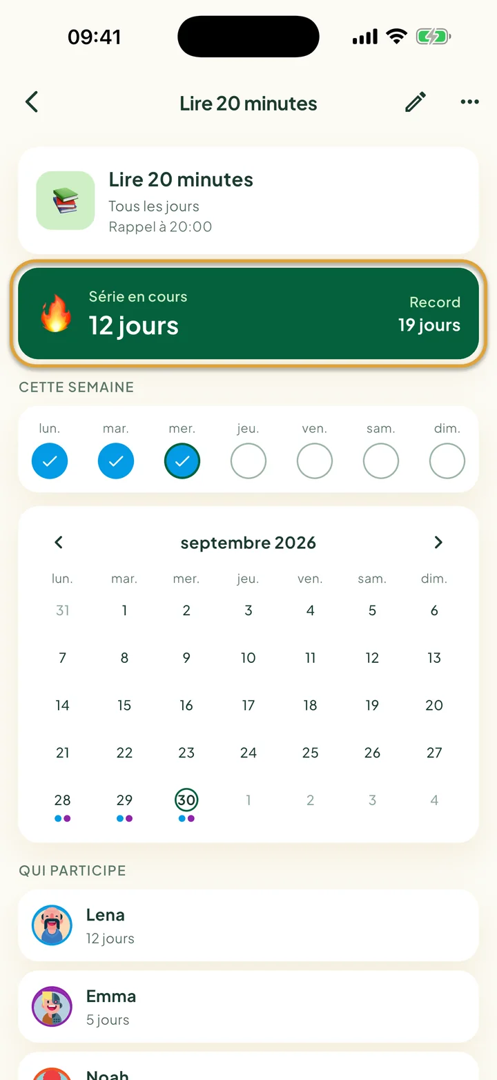 La page d'une habitude avec les coches de la semaine et un calendrier. La carte Série en cours est entourée.
