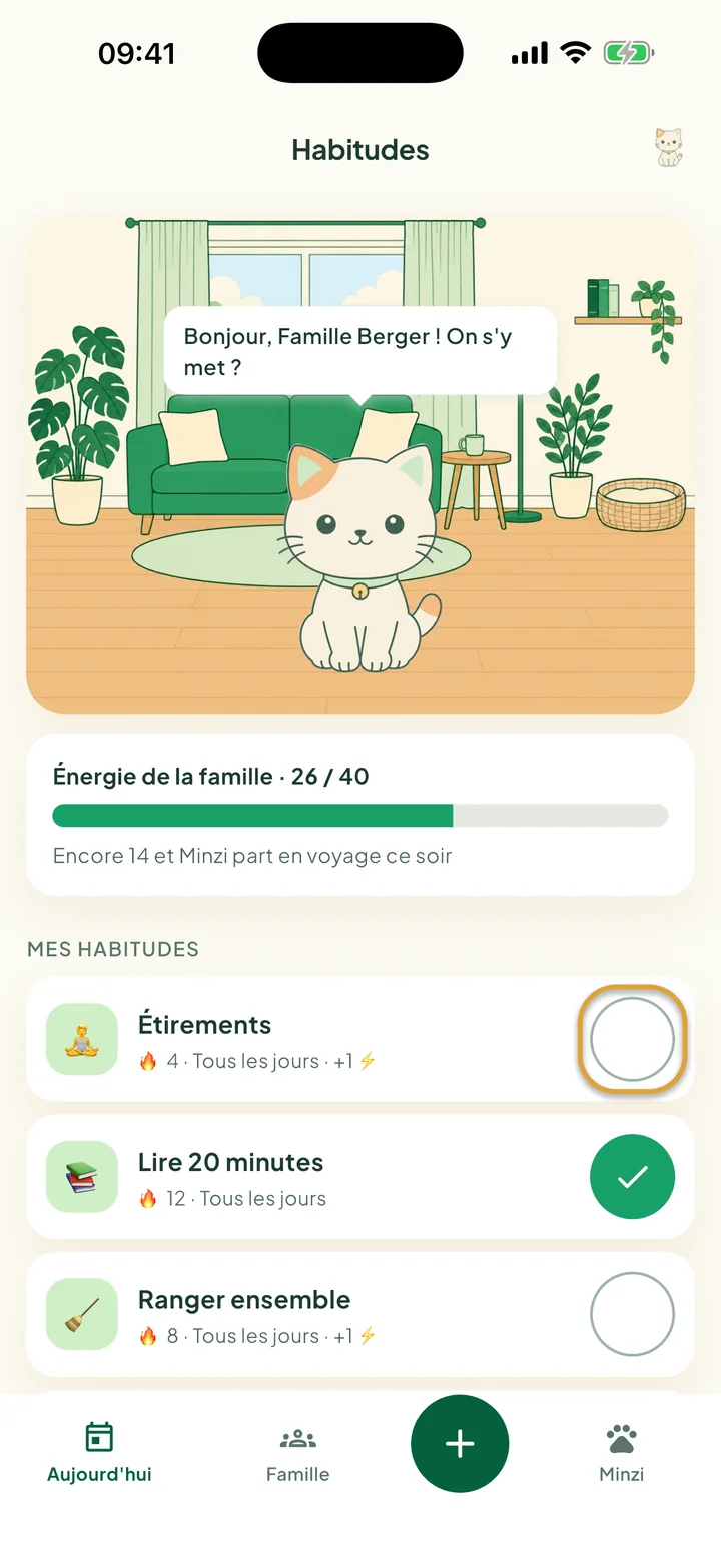 L'écran Habitudes. Le bouton rond à cocher à côté de Étirements est entouré.