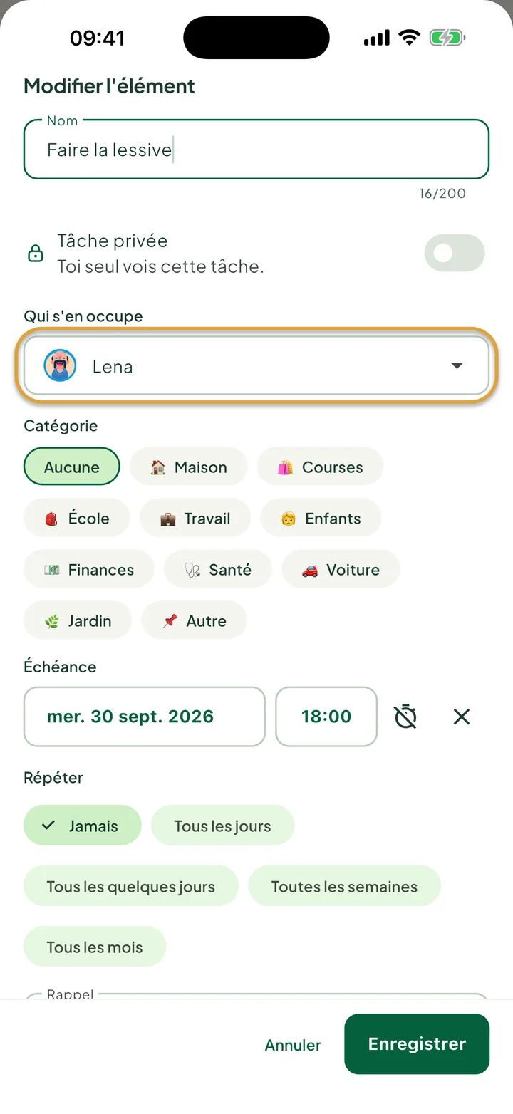 La fiche de modification d'une tâche. Le champ Qui s'en occupe, réglé sur Lena, est entouré.