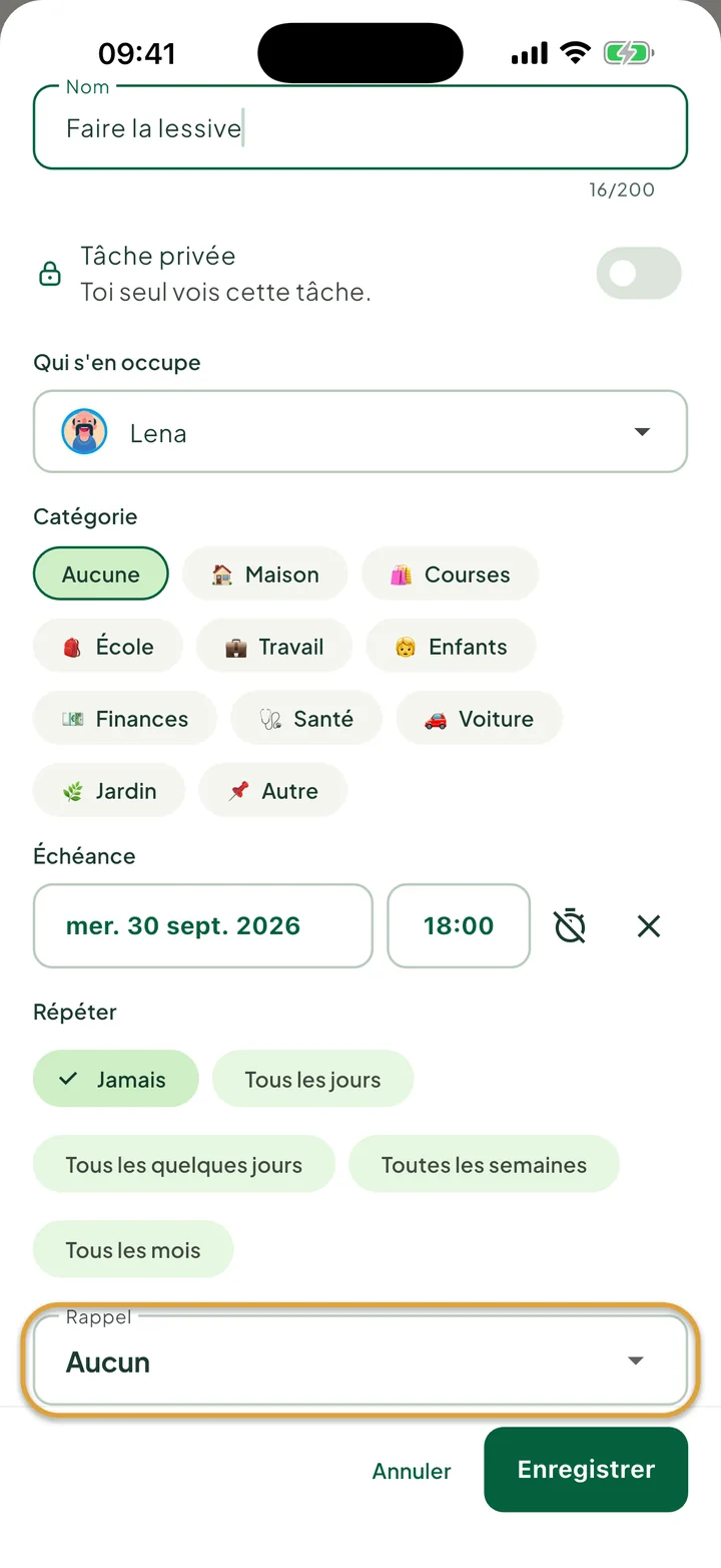 La fiche de modification d'une tâche avec une échéance et une heure. Le champ Rappel est entouré.