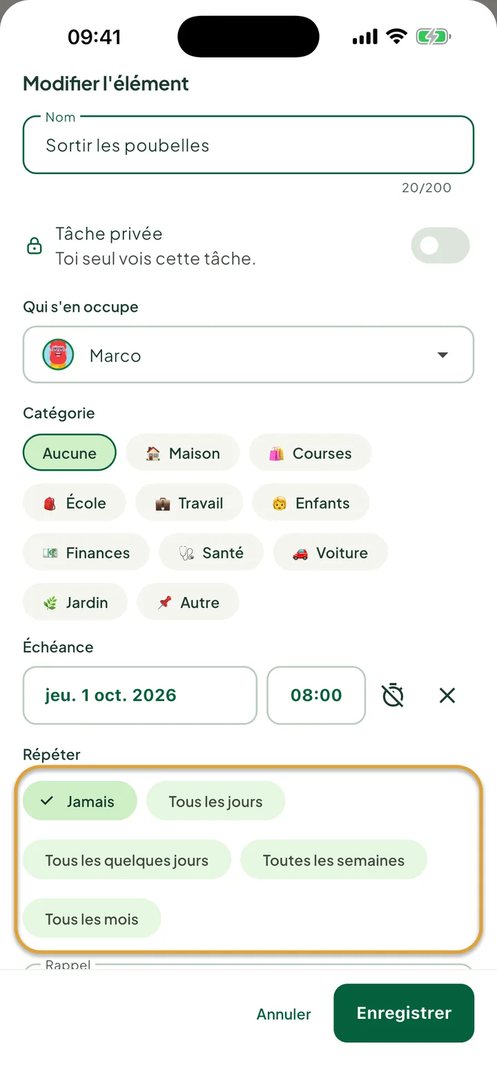 La fiche de modification d'une tâche. Les choix de Répéter, Aucune, Tous les jours, Tous les quelques jours, Toutes les semaines et Tous les mois, sont entourés.
