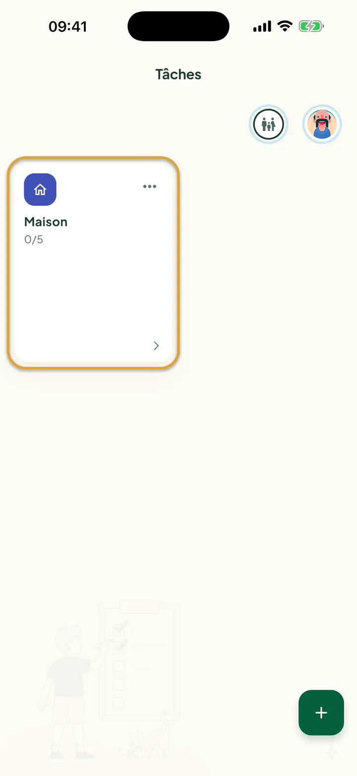 L'écran Tâches avec une liste. La carte de la liste Maison est entourée.