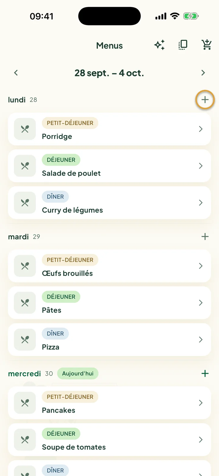 Les Menus d'une semaine. Le + à côté de lundi est entouré.