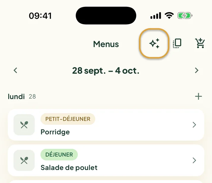Le haut de l’écran Menus. Le bouton étincelles, à côté du bouton copier, est entouré.
