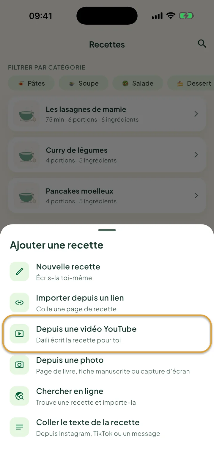 L'écran Recettes avec le menu + ouvert. Depuis une vidéo YouTube est entouré.