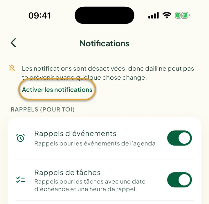 Le haut de l'écran Notifications avec un message indiquant que les notifications sont désactivées. Activer les notifications est entouré.