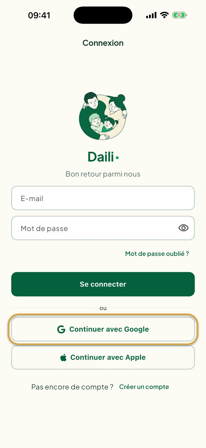 L'écran Connexion. Le bouton Continuer avec Google est entouré.