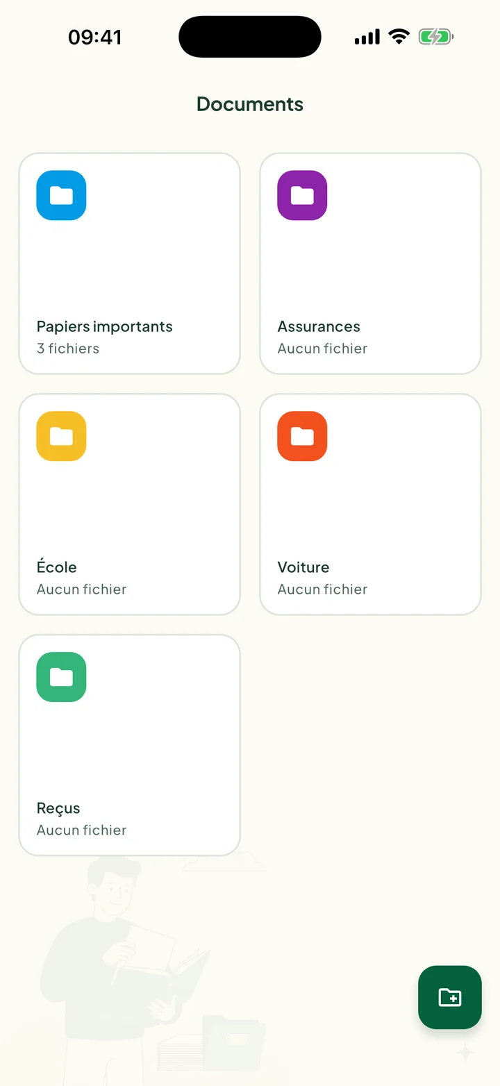L'écran Documents avec cinq dossiers : Papiers importants, Assurances, École, Voiture et Reçus.