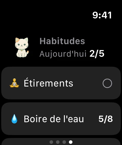 La page Habitudes sur la montre : Minzi, 2 sur 5 faites aujourd'hui, et les premières habitudes.