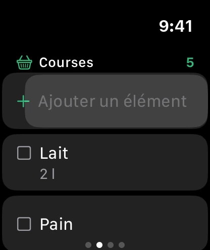 La liste de courses sur la montre, avec Ajouter un élément en haut.