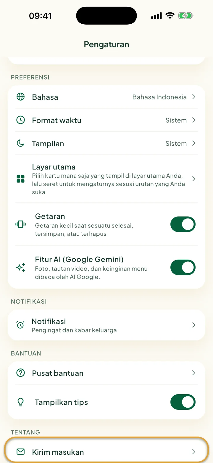 Layar Pengaturan. Kirim masukan, di bawah Tentang, dilingkari.