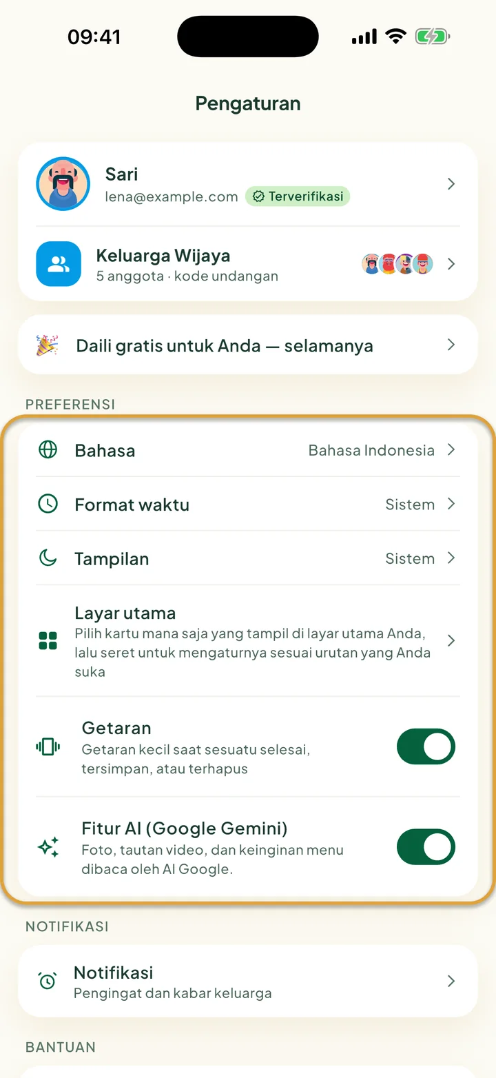 Layar Pengaturan. Kartu Preferensi dengan Bahasa, Format waktu, Tampilan, Layar utama, dan Getaran dilingkari.