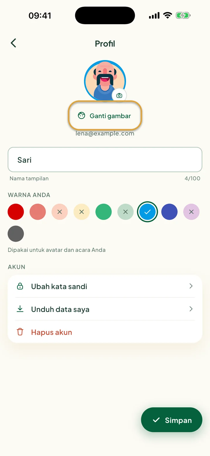Layar Profil dengan nama, warna, dan baris akun. Ganti gambar dilingkari.