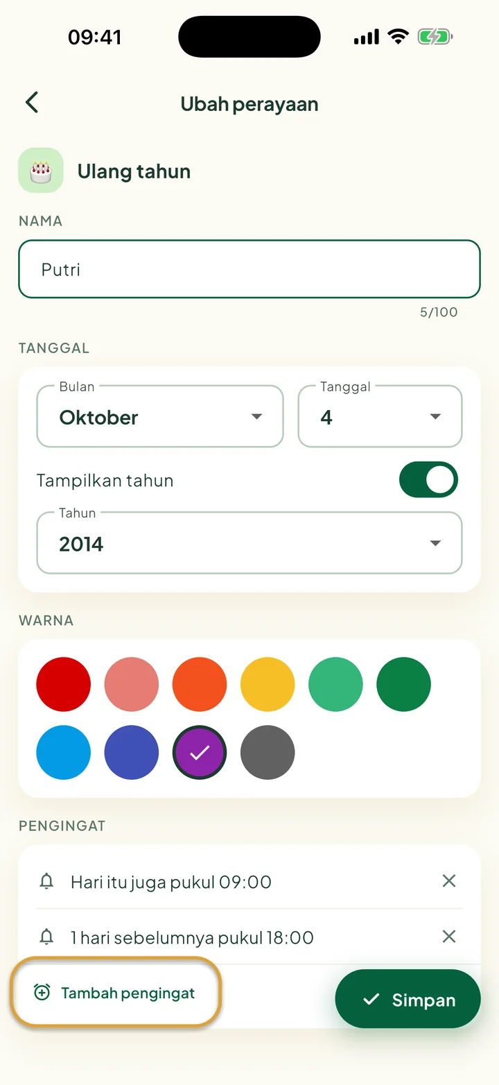 Layar Ubah perayaan dengan dua pengingat. Tombol Tambah pengingat dilingkari.