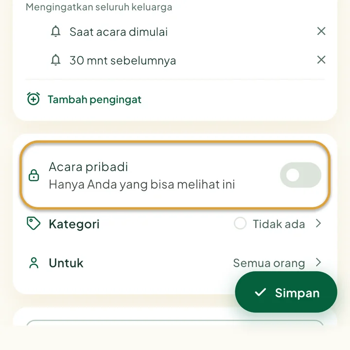 Formulir acara. Tombol Acara pribadi dilingkari.