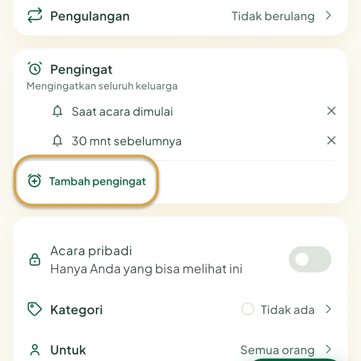 Bagian Pengingat di formulir acara dengan dua pengingat. Tombol Tambah pengingat dilingkari.