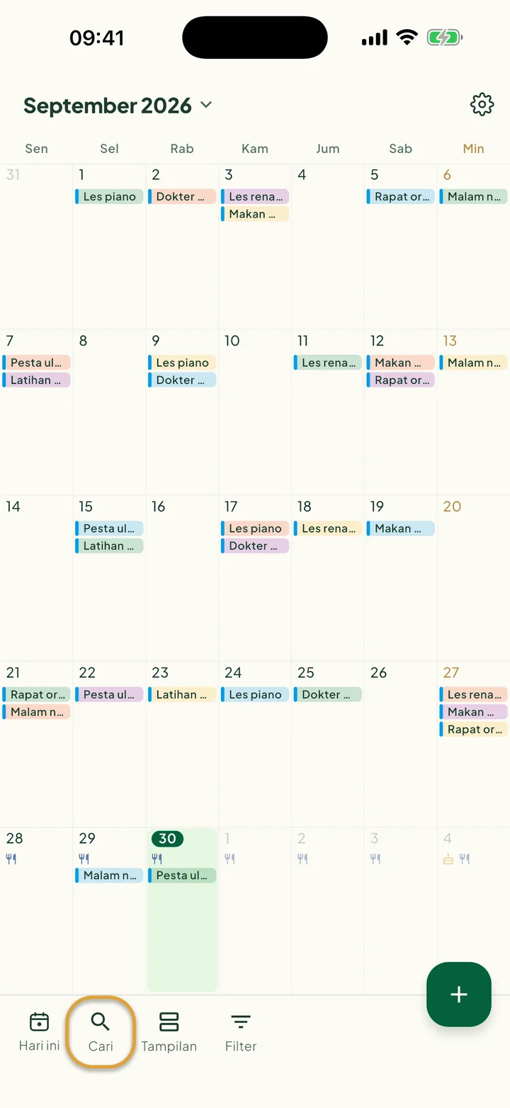 Kalender dalam tampilan Bulan. Tombol Cari di bilah bawah dilingkari.