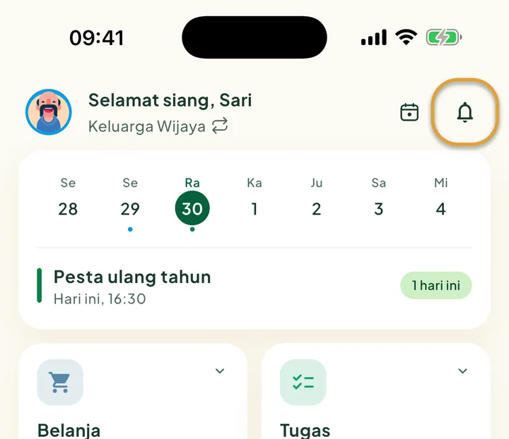 Bagian atas Beranda. Tombol lonceng di kanan atas dilingkari.