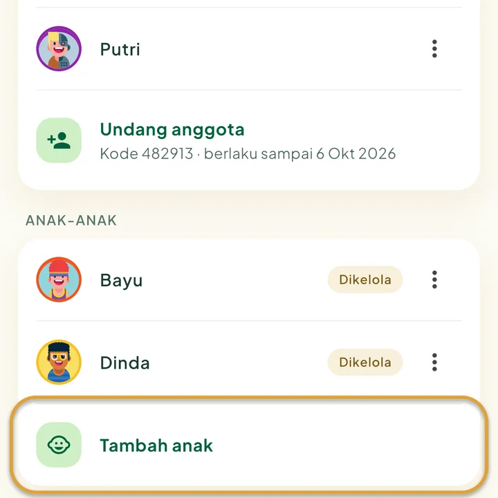 Bagian Anak-anak di layar Keluarga dengan dua anak. Baris Tambah anak dilingkari.