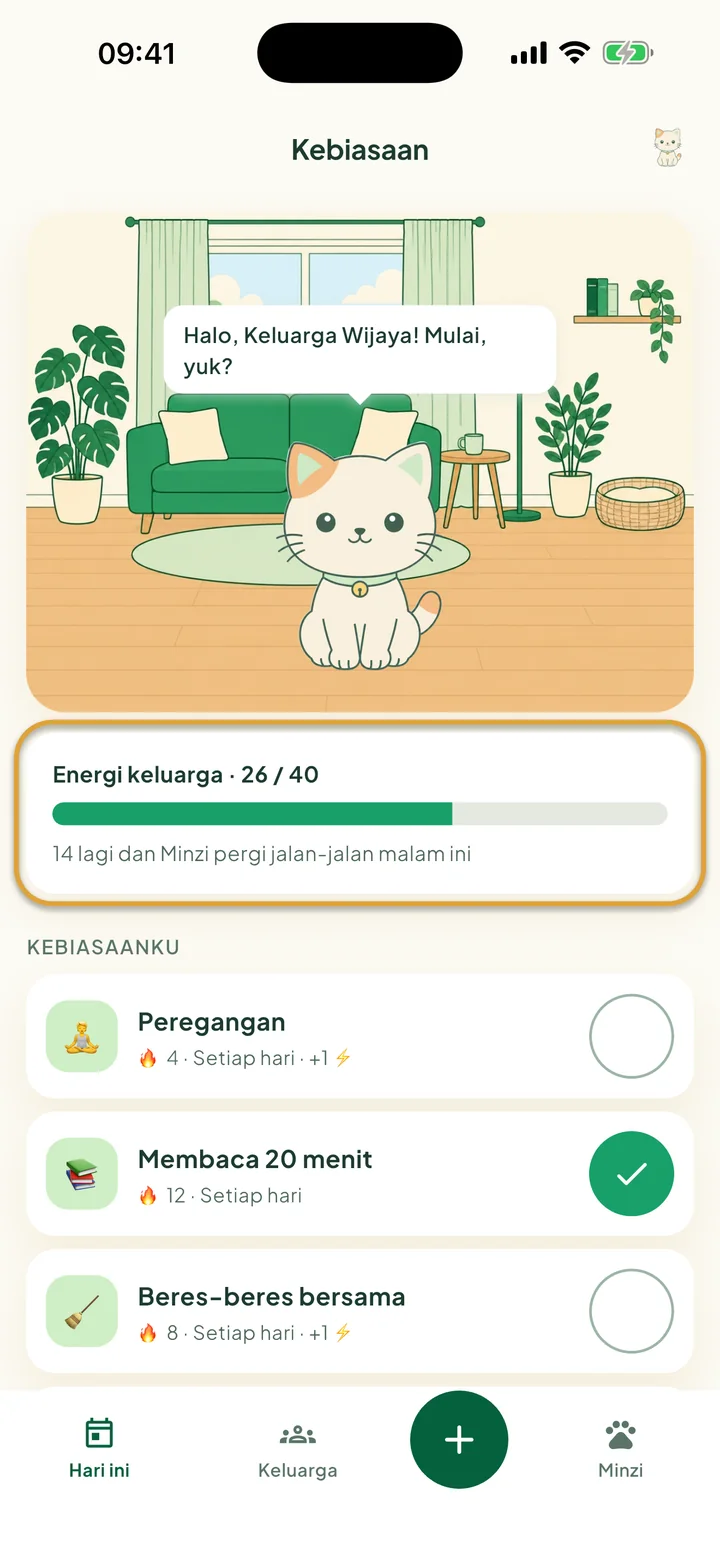 Layar Kebiasaan dengan Minzi di kamarnya. Bar Energi keluarga dilingkari.