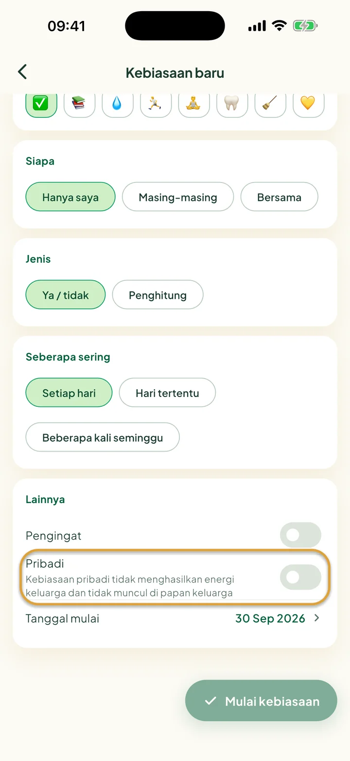 Bagian Lainnya di formulir Kebiasaan baru. Tombol Pribadi dilingkari.