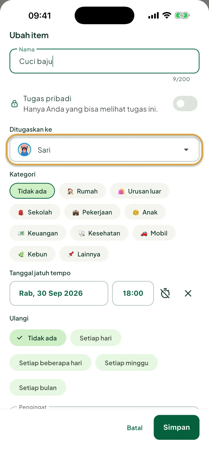 Lembar Ubah item untuk sebuah tugas. Kolom Ditugaskan ke, berisi Sari, dilingkari.