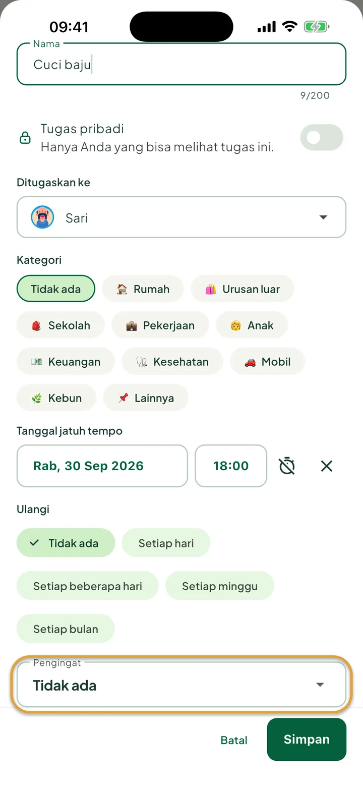 Lembar Ubah item untuk tugas dengan tanggal jatuh tempo dan waktu. Kolom Pengingat dilingkari.