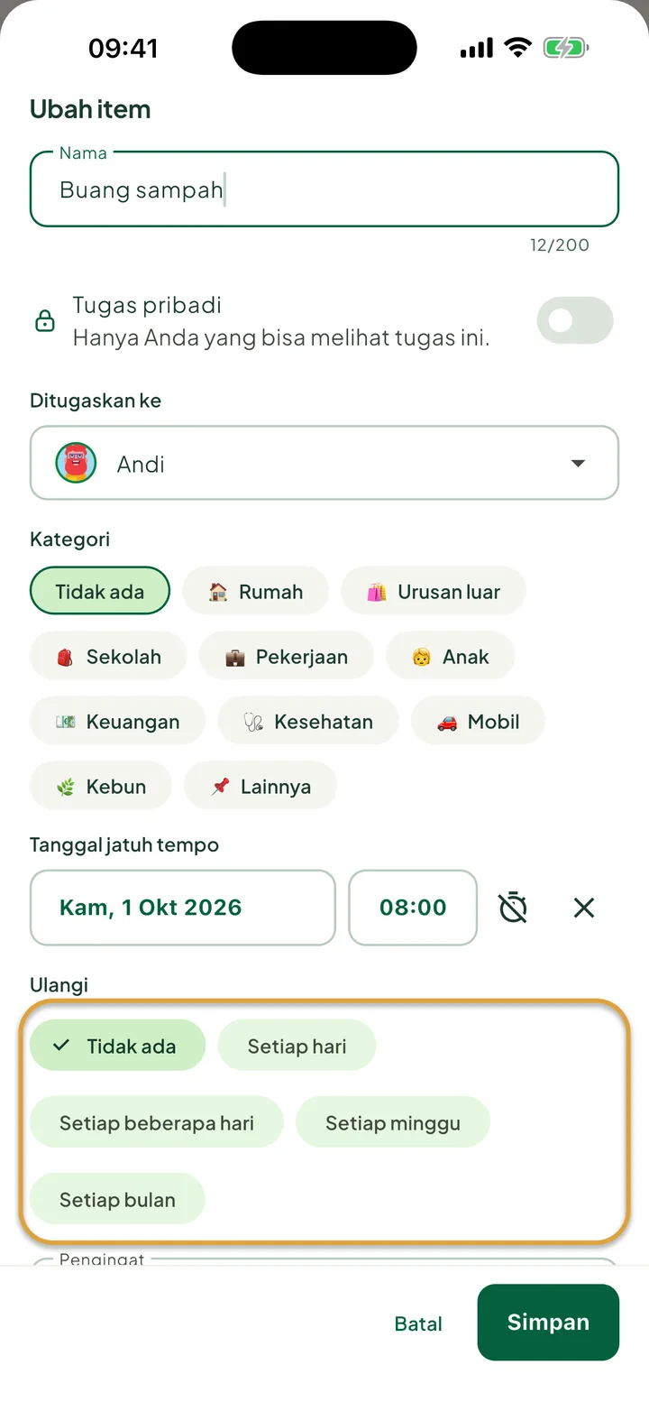 Lembar Ubah item untuk sebuah tugas. Pilihan Ulangi: Tidak ada, Setiap hari, Setiap beberapa hari, Setiap minggu, dan Setiap bulan dilingkari.
