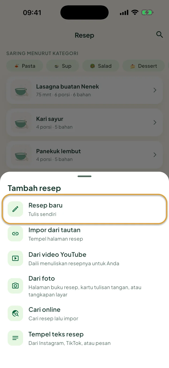 Layar Resep dengan menu + terbuka. Resep baru dilingkari.