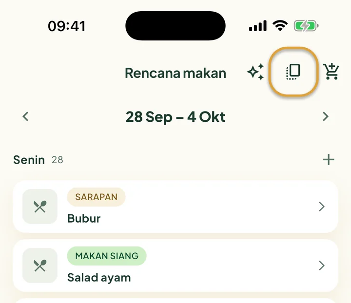Bagian atas Rencana makan. Tombol salin di sebelah troli belanja dilingkari.