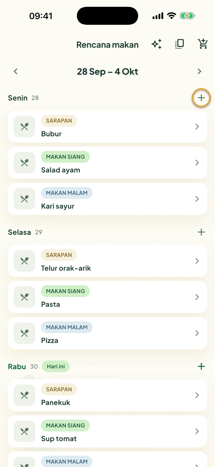 Rencana makan untuk satu minggu. Tombol + di sebelah Senin dilingkari.